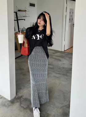 灰色半身裙套装女春夏季2024年新款小个子显瘦亮片包臀半裙长裙子