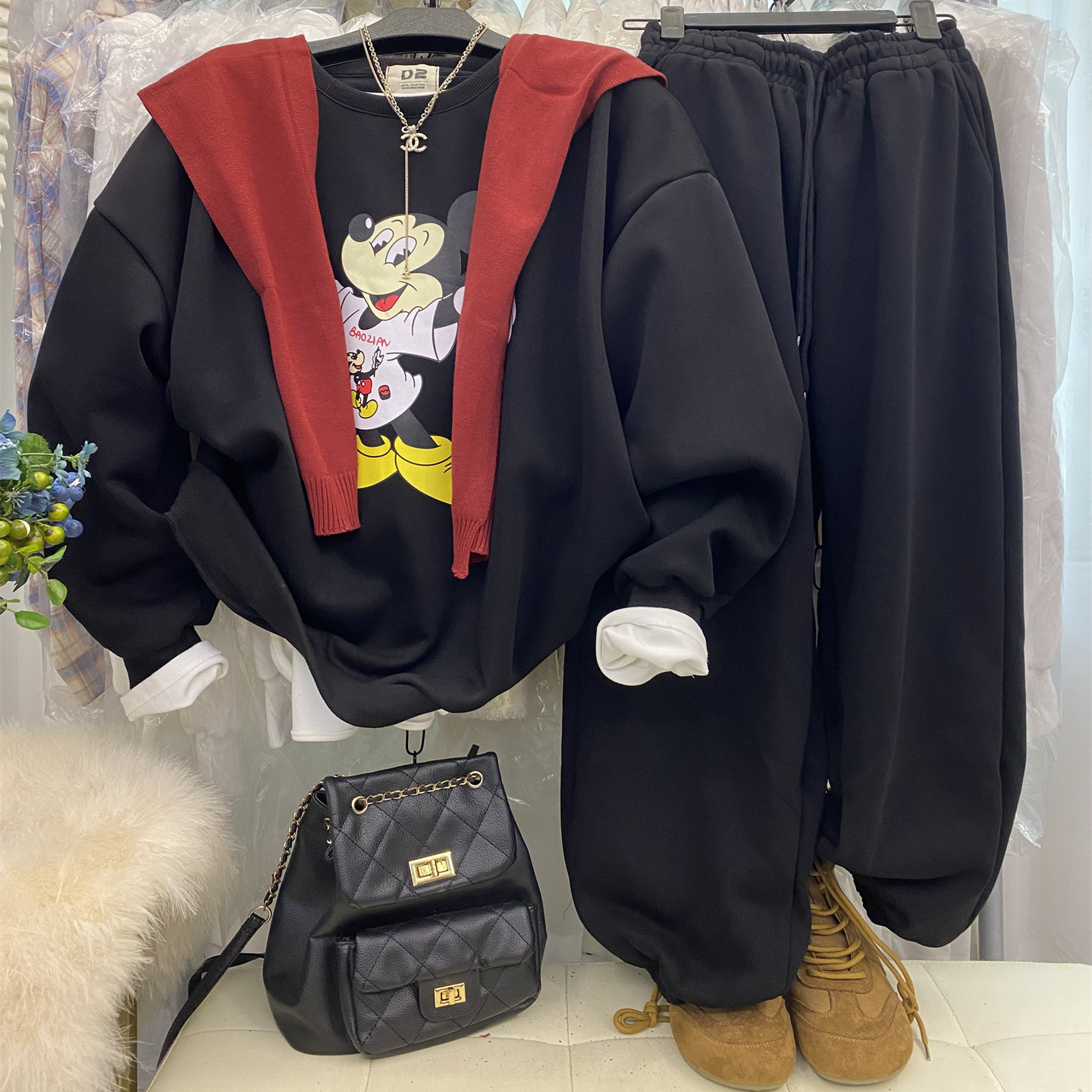 卡通印花加绒卫衣哈伦裤披肩套装