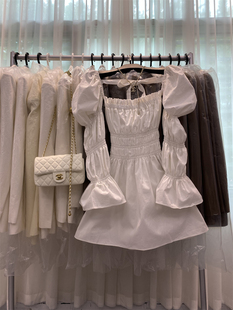 韩国甜美公主方领泡泡袖收腰显瘦A字短款露肩连衣裙 衬衫娃娃裙子