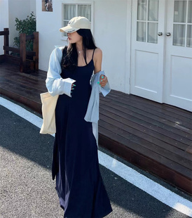 韩国时尚收腰中长款A字垂感连衣裙 吊带裙防晒衫外搭两件套装