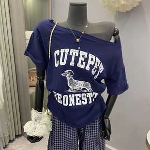 韩版 新款 时尚 卡通狗狗印花斜肩短袖 宽松百搭休闲上衣 特价 T恤 夏季
