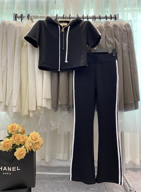 2024新款两条杠黑色高腰喇叭裤卡腰短款连帽上衣休闲运动套装