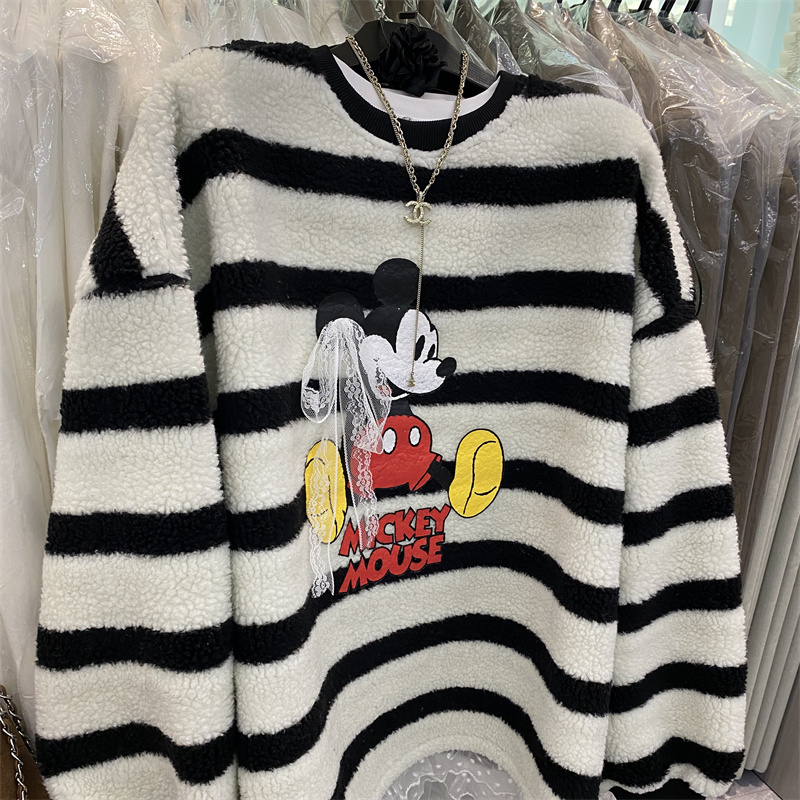拼接蕾丝卡通条纹仿羊羔毛卫衣女