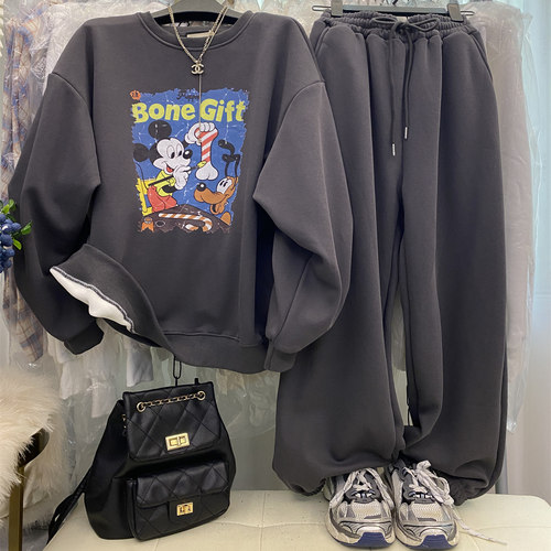 圆领卡通卫衣高腰哈伦裤两件套女