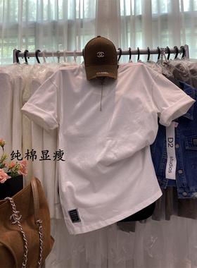 韩国东大门宽松圆领贴布开叉纯棉白色短袖T恤女 长袖打底衫上衣潮