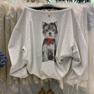 小个子慵懒风露肩卫衣女减龄小狗印花长袖 上衣 T恤宽松休闲中长款