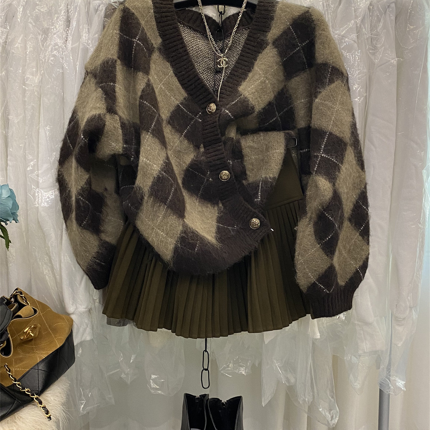 v领菱形针织开衫外套马海毛毛衣