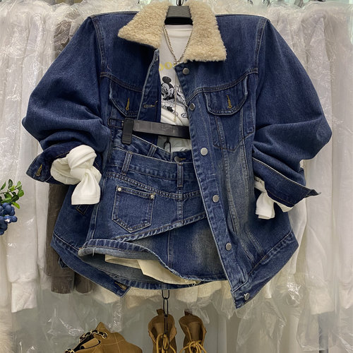 羊羔毛领加棉牛仔外套短裙两件套