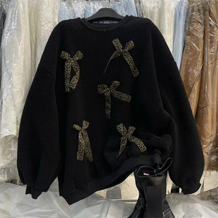 韩国东大门设计感小众立体蝴蝶结长袖卫衣女装减龄加厚羊羔毛上衣