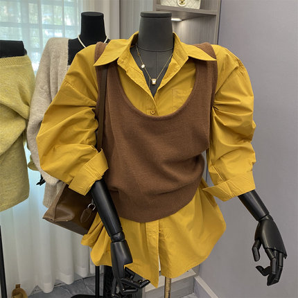 特价简约纯色时尚翻领长袖休闲衬衫搭舒适百搭显瘦针织马甲两件套