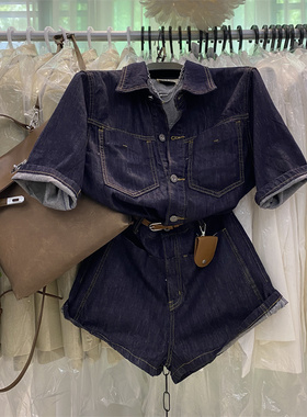 欧洲站2025夏季新款时尚翻领气质短袖深蓝色薄款帅气牛仔连体裤女