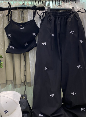 韩系高级感套装女又酷又飒穿搭刺绣蝴蝶结吊带背心+阔腿裤两件套