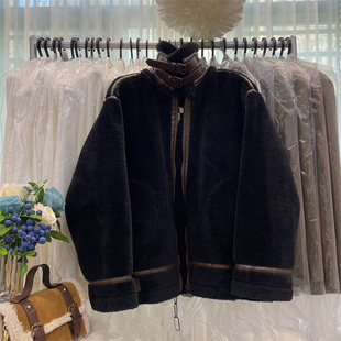 特价东大门秋冬宽松立领机车羊羔毛短款外套女小个子皮毛一体大衣