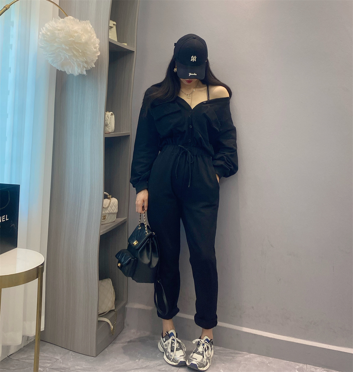 韩国2025新款春季时尚休闲收腰显瘦连体裤 V领卫衣哈伦裤运动套装