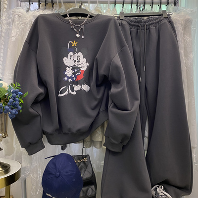 卡通圆领长袖卫衣阔腿裤两件套女