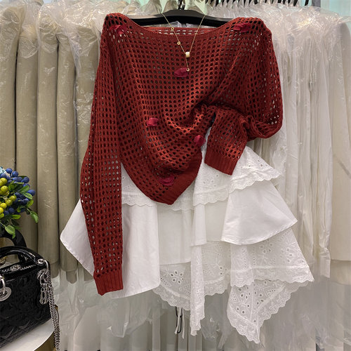 圆领长袖镂空针织空调罩衫短上衣