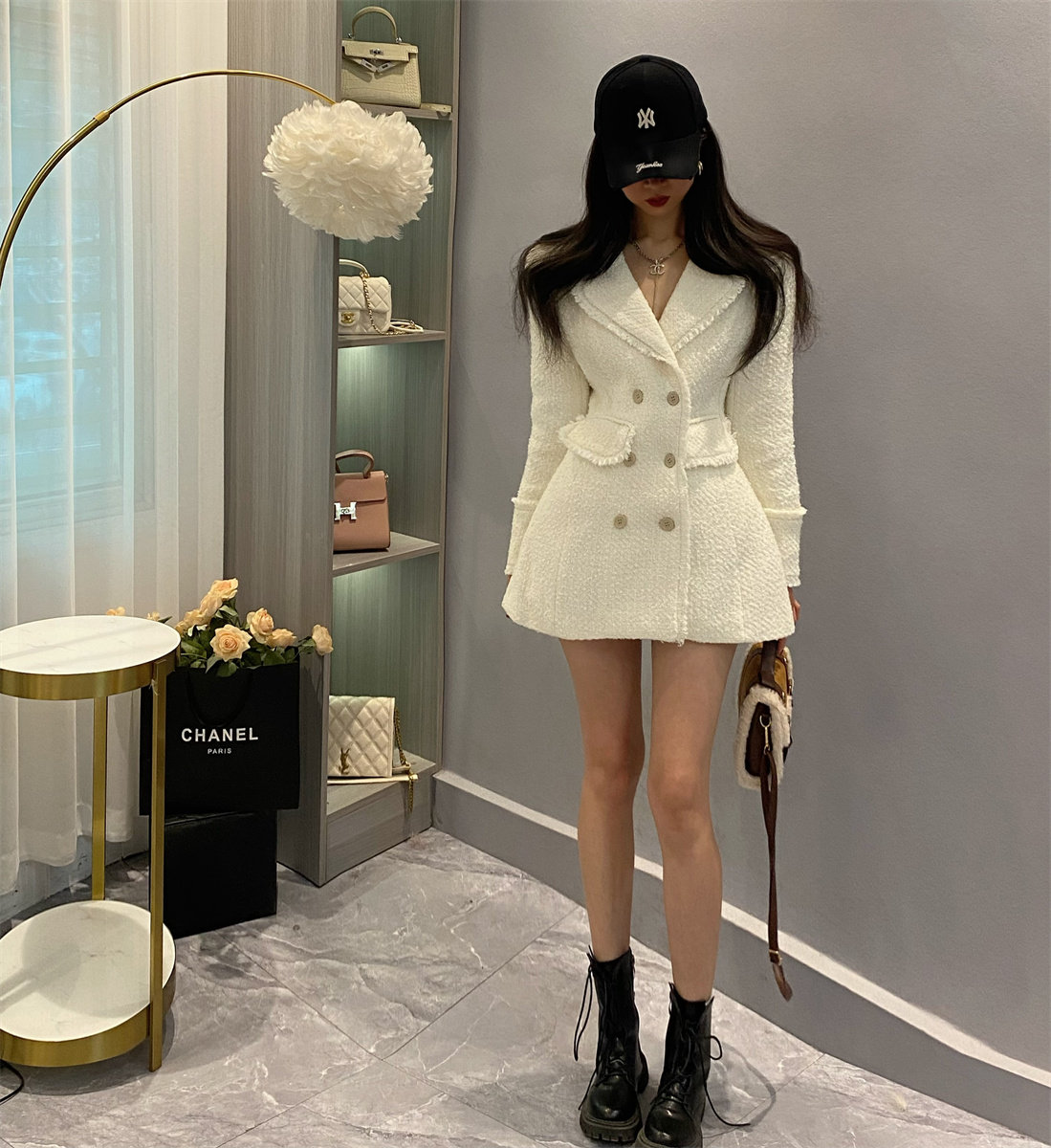 法式名媛白色小香风收腰外套女装 复古秋冬粗花呢西装连衣裙上衣,女装/女士精品,毛呢外套,淘宝优惠券,粉丝福利购,淘宝优惠卷