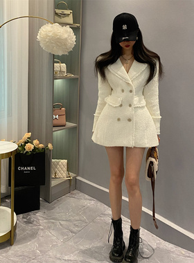 法式名媛白色小香风收腰外套女装 复古秋冬粗花呢西装连衣裙上衣