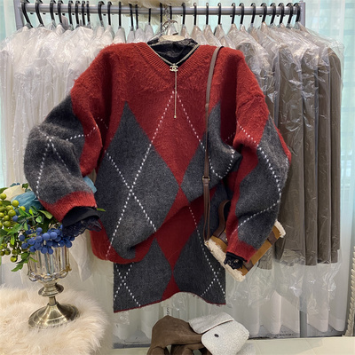 宽松菱形格针织上衣包臀两件套女