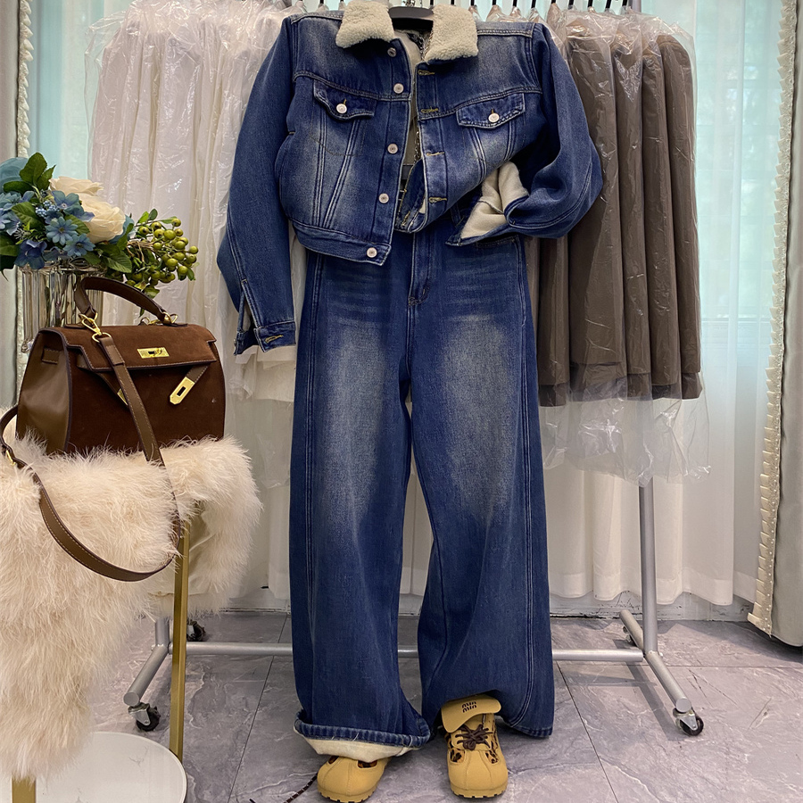 仿羊羔毛牛仔短外套阔腿裤两件套