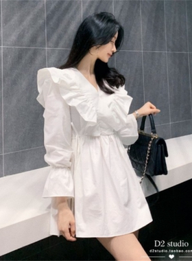 韩系温柔风荷叶边V领喇叭袖收腰显瘦连衣裙 A字白色衬衫娃娃裙子