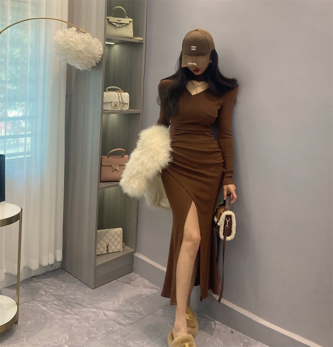 特价春季打底毛衣裙子 气质收腰显瘦褶皱性感开叉针织V领连衣裙