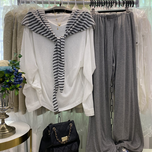 薄款长袖防晒T披肩喇叭裤三件套