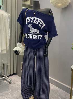 韩国东大门慵懒风阔腿裤女2025新款高腰蓝色格纹宽松休闲长裤套装
