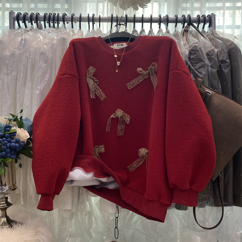 立体蝴蝶结长袖加厚羊羔毛卫衣女