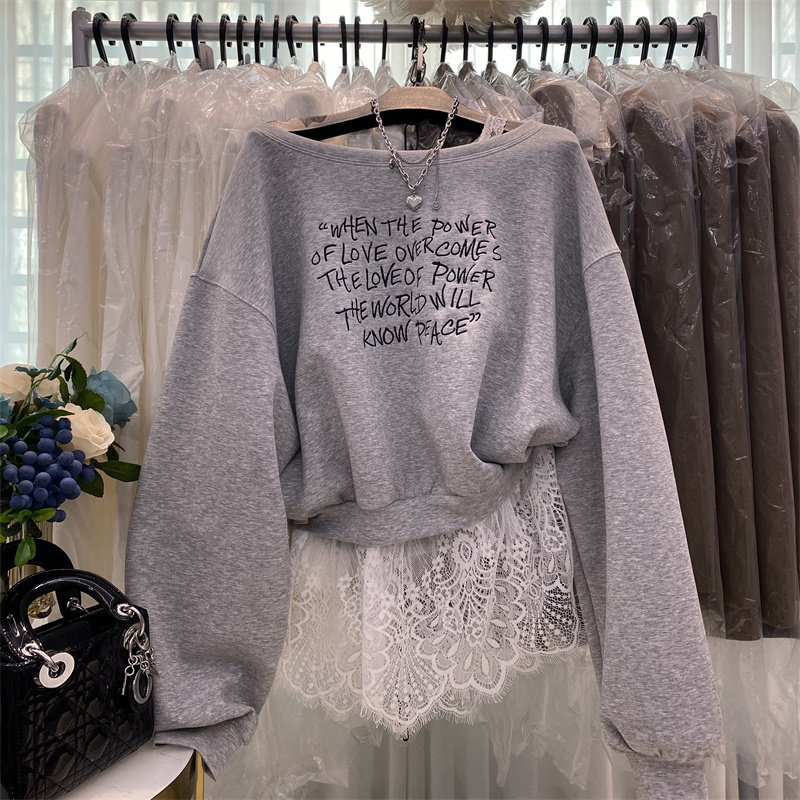 韩版秋冬新款设计感斜肩蕾丝拼接洋气长袖卫衣ins风洋气百搭上衣
