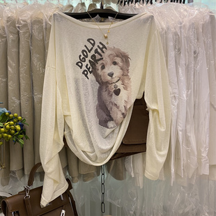 慵懒风斜肩印花长袖 防晒t恤女减龄小众百搭宽松显瘦狗狗露肩上衣