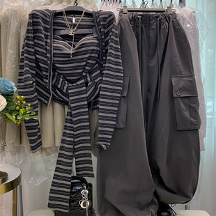 新款慵懒时尚宽松休闲大口袋工装裤女复古百搭高腰显瘦长裤子套装
