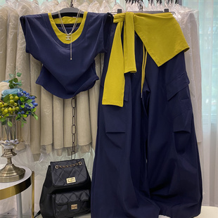 特价东大门秋季新款时尚套装拼色短袖上衣+宽松阔腿裤+披肩三件套