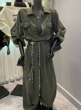 韩版2025新款气质绿色工装连体裤慵懒街头风阔腿裤长裤子连身衣潮