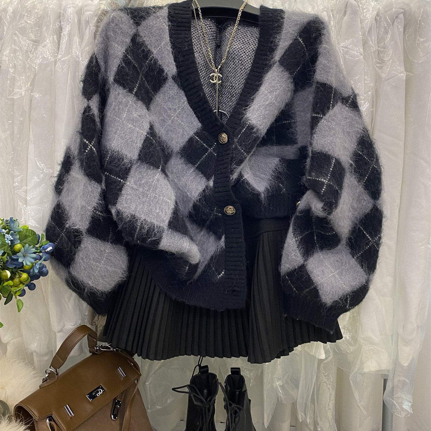 v领菱形针织开衫外套马海毛毛衣