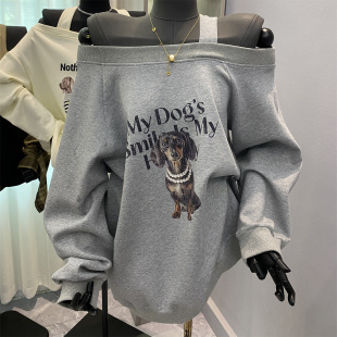 百搭显瘦斜肩吊长袖 时尚 卫衣女减龄狗狗印花套头上衣 韩版 2025新款
