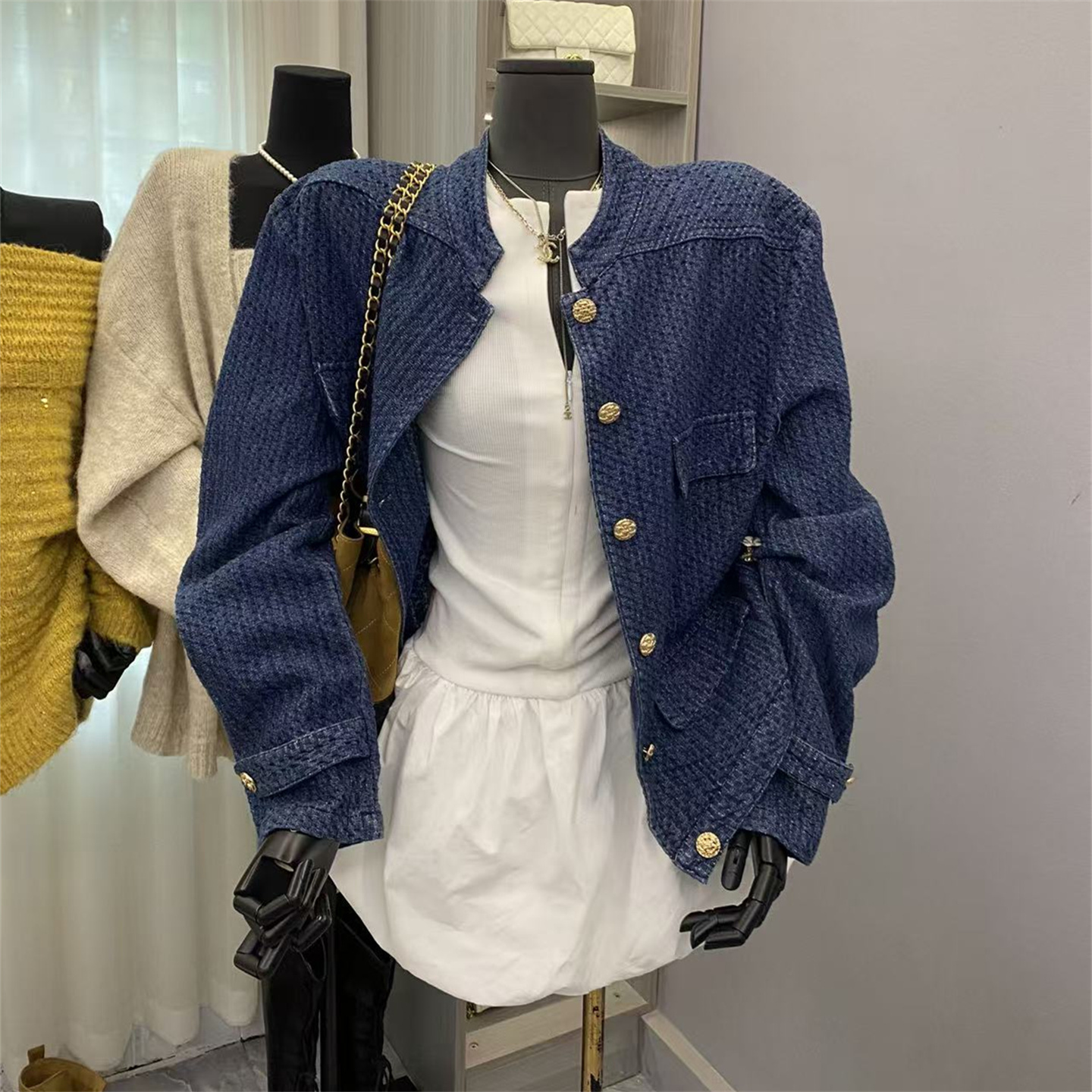 新款蓝色小香立领夹克牛仔外套女