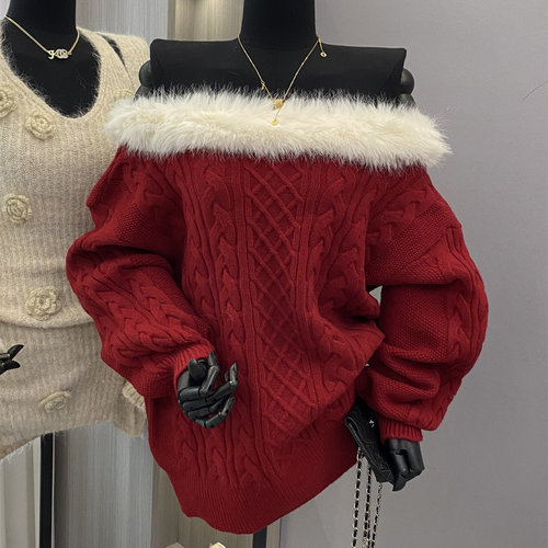 一字肩毛领宽松套头麻花长毛衣女