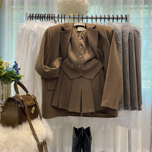 韩国东大门小个子马甲百褶短裙三件套毛呢西装 裙子女 外套A字套装
