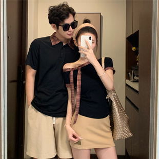 男 情侣装 2025夏法式 蝴蝶结格子拼接设计感露肩上衣polo衫 格纹短袖