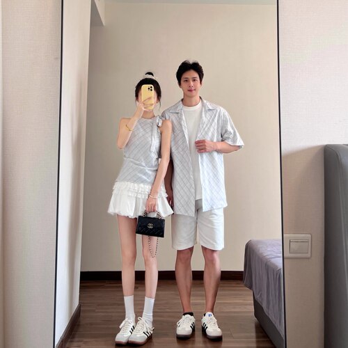 情侣装夏季度假风格纹上衣两件套