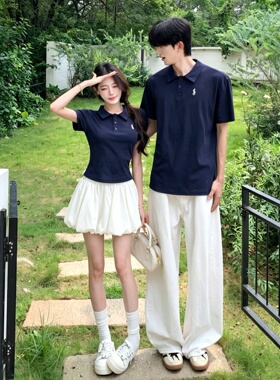 情侣装2026夏季韩版高级感polo领刺绣短袖上衣白色显瘦花苞裙套装