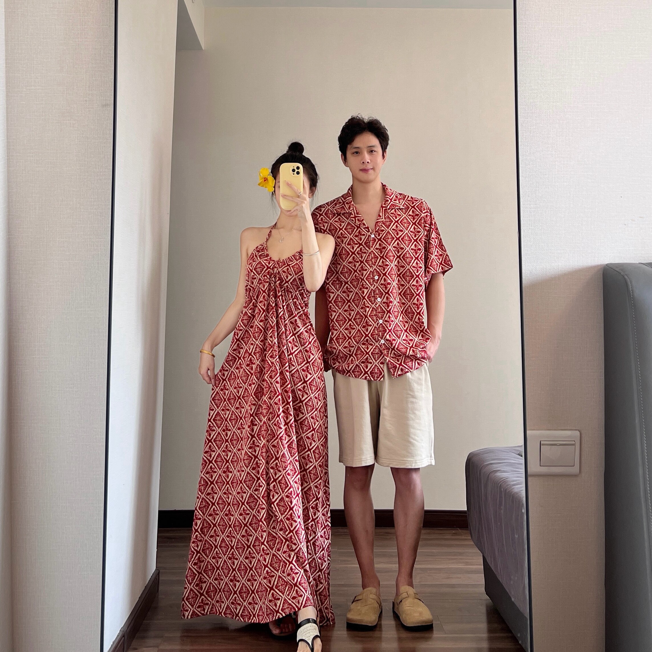 情侣装2026夏季法式复古印花吊带连衣裙海边三亚度假长裙一裙一衣