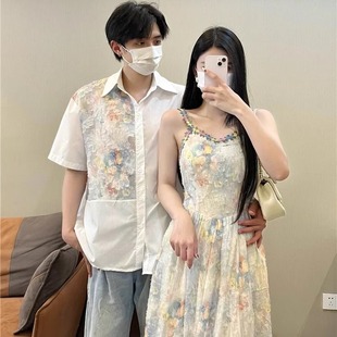 设计感气质碎花连衣裙度假风收腰长裙一裙一衣 2025夏季 法式 情侣装