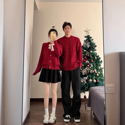 情侣装2025蝴蝶结红色新年毛衣