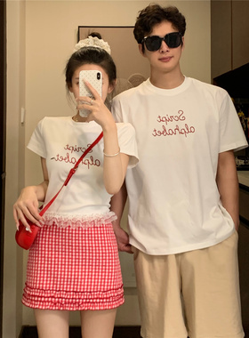 情侣装2025夏季蕾丝花边正肩上衣港风半身裙套装字母印花短袖T恤