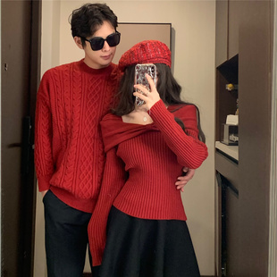 回门情侣装秋冬新款一裙一衣红色针织新年毛衣本命年结婚订婚套装