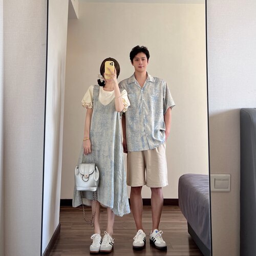 2026设计感蓝色扎染背带裙套装女