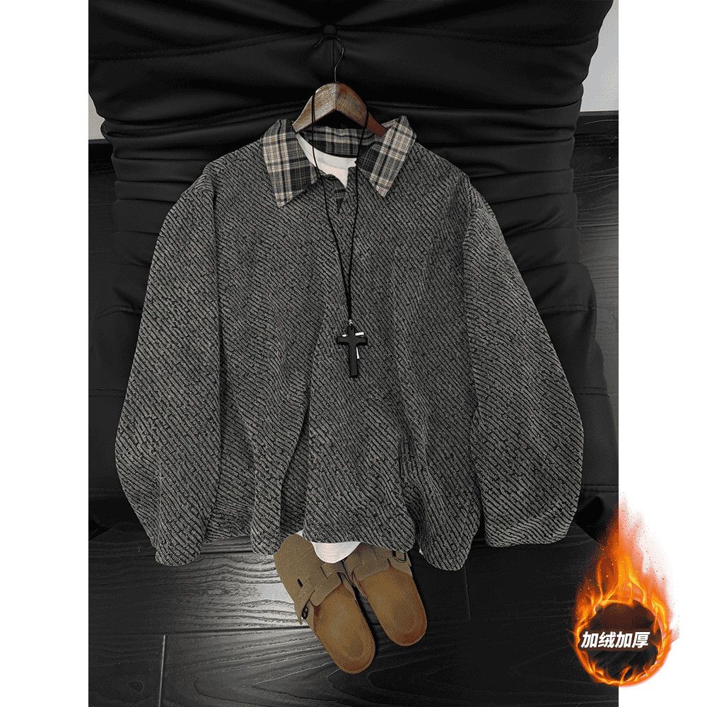 假两件拼接格子雪尼尔卫衣男秋冬季加绒长袖t恤小香风针织外套潮