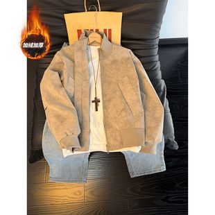 水洗扎染一体绒外套棉服男秋冬季 复古夹克立领机车皮衣潮 加绒美式